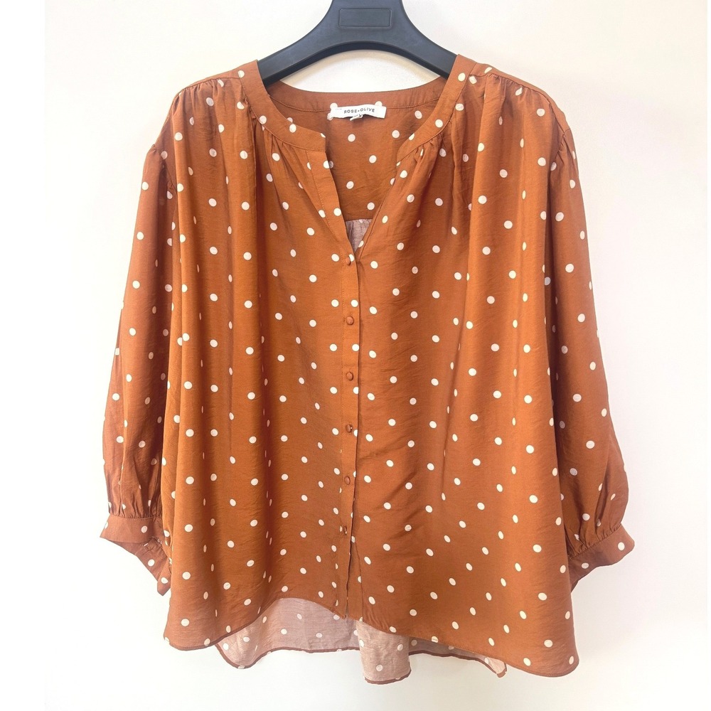Rose + Olive Womens 2X Rust Polka Dot Peasant Blouse Balloon Sleeve Boho Tunic